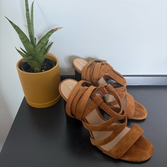 Aldo camel brown suede strappy lace up Exerila block heel sandals - size 10 - Picture 7 of 8